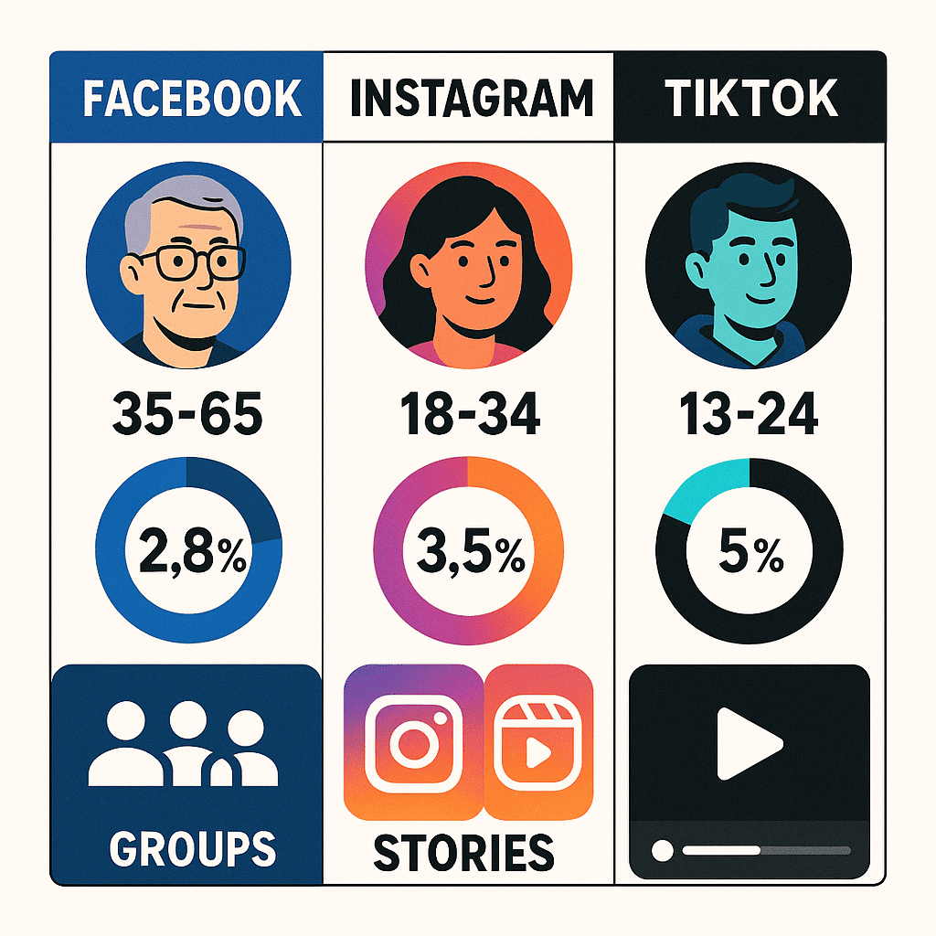 A dynamic comparison panel with three vertical columns labeled Facebook, Instagram, TikTok. Each column shows a stylized user avatar (35–65+ for Facebook, 18–34 for Instagram, 13–24 for TikTok), a circular engagement gauge (with percentages: 2.8%, 3.5%, 5%), and animated snippets of platform UI (groups/events icons, Stories/Reels icons, video play buttons). Use bold iconography and contrasting color accents (Facebook blue, Instagram gradient, TikTok neon) in a vector-illustration infographic style.