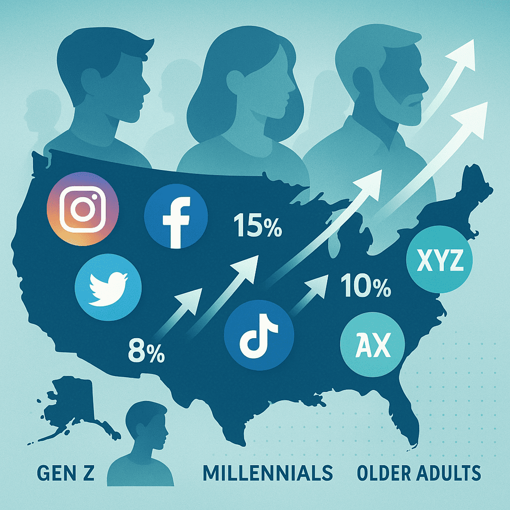 A high-resolution digital art infographic showing a stylized map of the United States filled with floating social media icons (Instagram, Facebook, Twitter, TikTok, New Platform XYZ), overlaid with upward-trending growth arrows and percentage labels (15%, 8%, 10%, 20%). Include semi-transparent silhouettes of Gen Z, Millennials, and older adults placed over different regions, all in a clean, modern flat-design style with a blue-teal color palette.