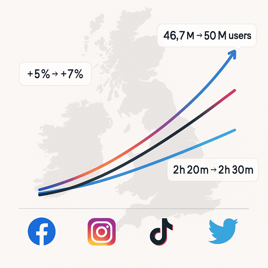 A clean, modern infographic showing a rising line chart plotted against a subtle UK-map silhouette background. Use vibrant brand colors from Facebook (blue), Instagram (gradient), TikTok (black/red), and Twitter (light blue) to mark each platform’s growth curve. Include data callouts: “46.7 M → 50 M users,” “+5% → +7%,” “2h 20m → 2h 30m.” Minimalist icons for each social network sit along the X-axis. Flat-design style, sans-serif typography, plenty of white space.