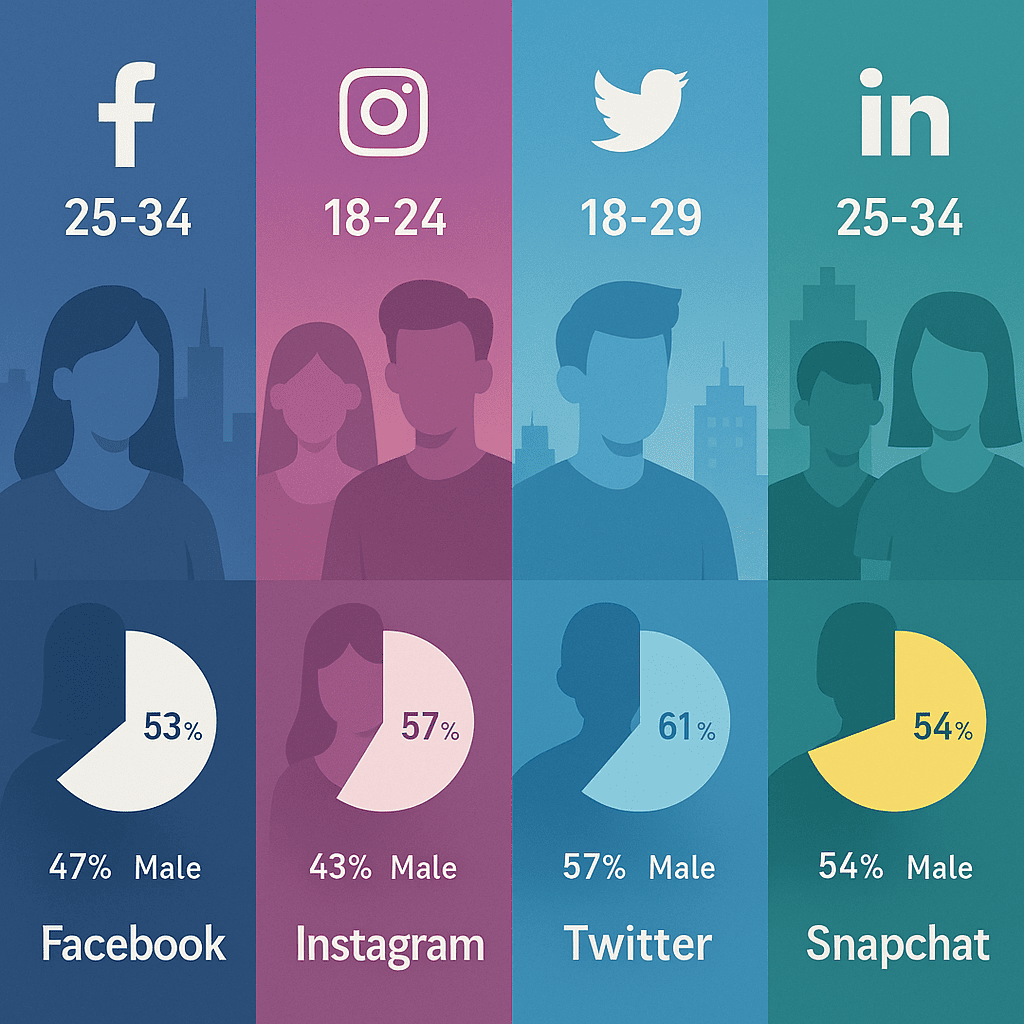 A split-screen collage featuring five vertical panels, each dedicated to Facebook, Instagram, Twitter, LinkedIn, and Snapchat. Within each panel, stylized silhouettes represent the largest age groups (e.g. 25-34 on Facebook, 18-24 on Instagram) in subtle duotones. Overlay simple gender ratio pie charts (e.g. 53% female, 47% male) at the bottom of each panel. Urban skyline outlines behind each to hint at location demographics. Soft shadows, modern flat-icon aesthetic.