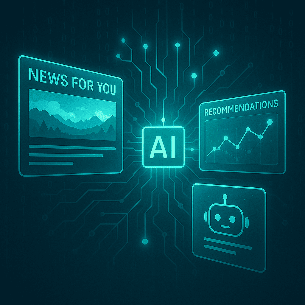 A futuristic dashboard floating in mid-air, with multiple holographic windows showing personalized feeds: one image of a news feed tailored to a user’s interests, another a recommendation graph, plus a chatbot icon. In the background, ghosted binary code and neural-network lines converge on a glowing AI core. Cool-tone color palette (steel blue, neon green) with subtle glow effects. A digital, sci-fi art style.