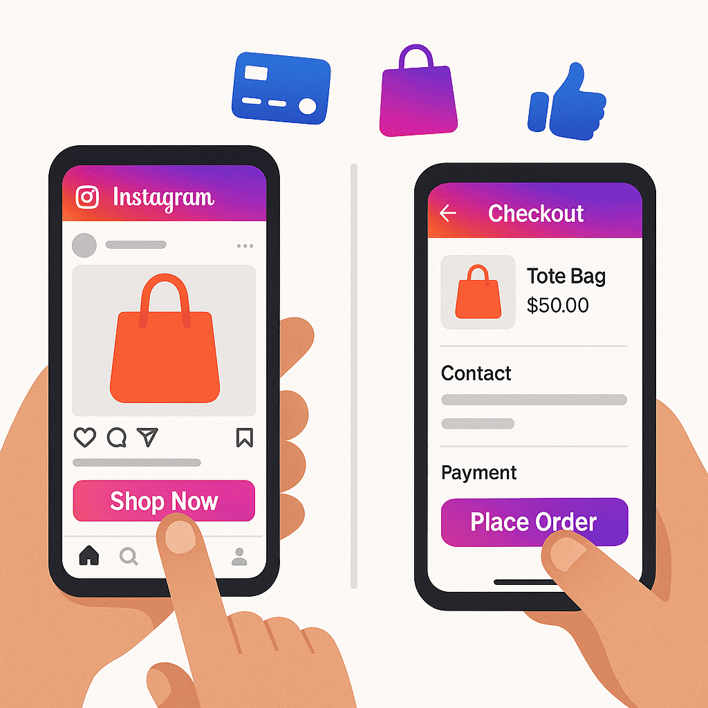 A split-scene: on the left, a user scrolls Instagram on a phone, tapping a “Shop Now” button under a product post; on the right, the same user completes checkout seamlessly within the app interface. Icons of credit card, shopping bag, and thumbs-up float between the two. Use the official Instagram gradient for UI elements, and a clean white background. Flat-UI style with high contrast and clear call-to-action visuals.