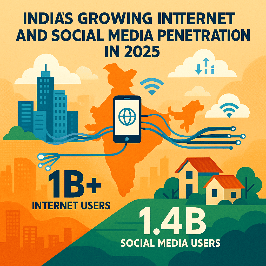 An infographic-style digital illustration showing India’s growing internet and social media penetration in 2025. The visual features icons of smartphones, fiber optic cables, and Wi-Fi signals connecting urban and rural areas. Highlight over 1 billion internet users and 1.4 billion social media users with bold numbers. The background includes urban skyscrapers, rural homes, and digital clouds showing data transfer, symbolizing widespread digital adoption.