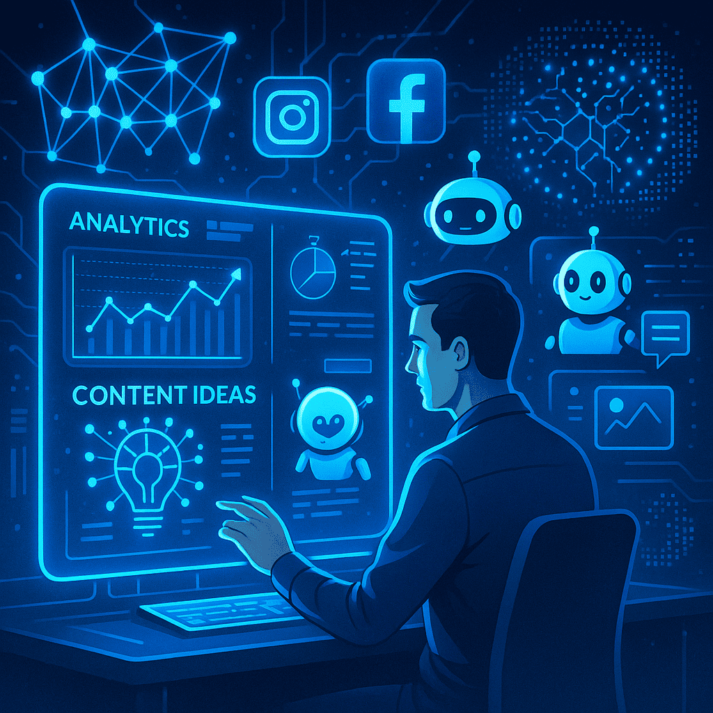 A futuristic scene of AI-powered marketing in action. Show a digital marketer working at a holographic interface displaying social media analytics and AI-generated content ideas. Visualize glowing neural network diagrams and algorithm patterns behind the marketer, representing AI’s influence. Social media icons (e.g., Instagram, Facebook) appear alongside digital assistant bots customizing content. The overall design has a high-tech, clean aesthetic with blue and neon accents.