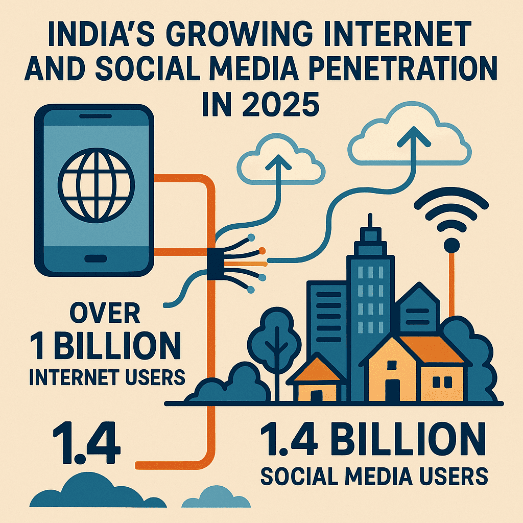 An infographic-style digital illustration showing India’s growing internet and social media penetration in 2025. The visual features icons of smartphones, fiber optic cables, and Wi-Fi signals connecting urban and rural areas. Highlight over 1 billion internet users and 1.4 billion social media users with bold numbers. The background includes urban skyscrapers, rural homes, and digital clouds showing data transfer, symbolizing widespread digital adoption.