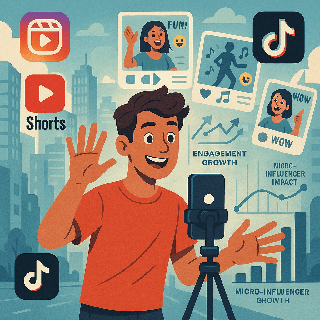 A dynamic illustration of a young influencer recording a short-form video on a smartphone tripod with a bustling urban background. Showcase Instagram Reels, TikTok, and YouTube Shorts logos subtly integrated. Behind the influencer, show animated short videos with engaging captions and emojis floating in the air. Include stylized graphs showing engagement growth and micro-influencer impact, reflecting the trend of short-form content.
