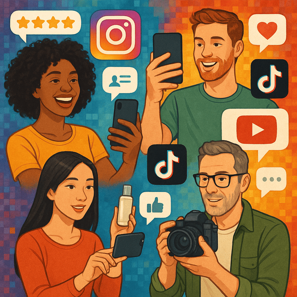 A collage showing a diverse group of people using smartphones and cameras to capture content (selfies, videos, product photos) with speech bubbles showing user reviews, comments, and "likes." The background includes social media platforms (Instagram, TikTok, YouTube) logos blending into a colorful digital mosaic, symbolizing authenticity and community engagement.