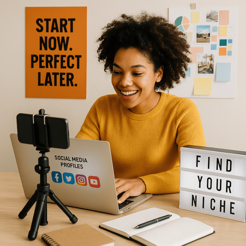 A cheerful young creator at a desk setting up social media profiles on a laptop, while a smartphone tripod holds a recording device. Include elements like notebooks, mood boards, and a lightbox displaying the phrase "Find Your Niche." Add a motivational poster in the background saying "Start Now, Perfect Later" to inspire action.