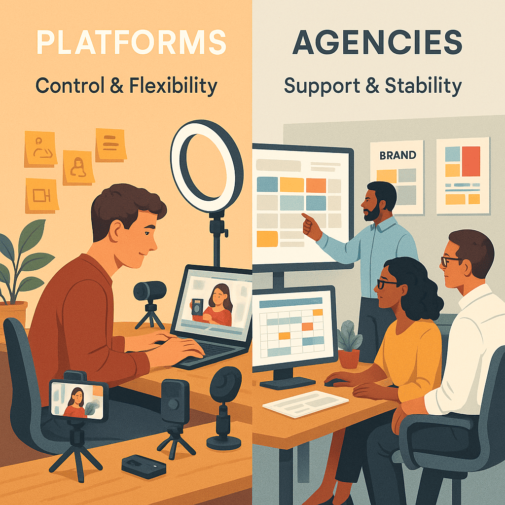 A split-screen concept: Left side: A solo creator working at a laptop in a home studio, surrounded by UGC projects, illustrating "Platforms" with control and flexibility. Right side: A professional team in an agency office, with structured workflows, brand mood boards, and content planning tools, representing "Agencies." Add labels: "Control & Flexibility" vs. "Support & Stability."
