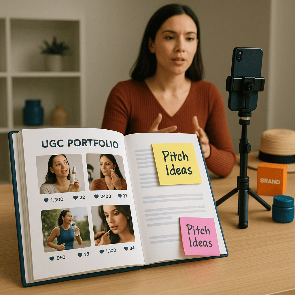 A professional-looking UGC portfolio spread open on a desk, displaying high-quality screenshots, engagement metrics (likes, comments), and colorful sticky notes with “Pitch Ideas.” In the background, a creator is confidently recording a video pitch, with a focused look, surrounded by branded products and props.