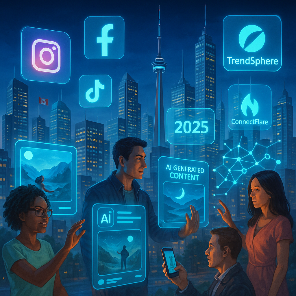 A futuristic, high-tech Canadian cityscape (like Toronto or Vancouver) in 2025, illuminated with holographic social media icons (Facebook, Instagram, TikTok, LinkedIn, TrendSphere, ConnectFlare) floating above modern skyscrapers. Diverse people interact with augmented reality interfaces, and AI-generated content hovers around them. The scene conveys the rapid growth of social media usage and AI integration in Canada.