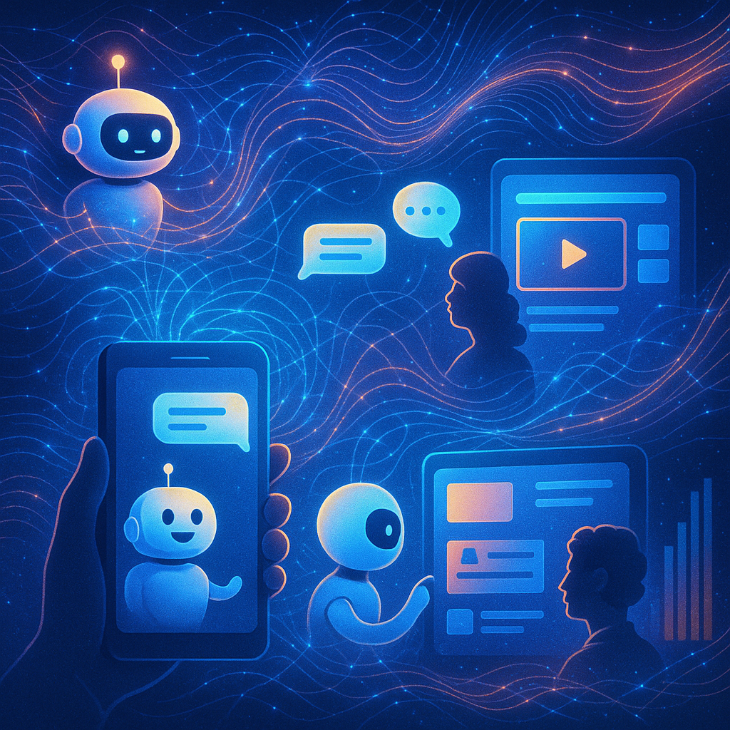 A dynamic digital artwork showing AI-driven chatbots and content recommendation systems at work. Visualize AI algorithms as glowing neural networks or digital waves around user interfaces (smartphones, tablets). Show chatbots interacting with users, AI recommending videos and posts on screens, and futuristic data visualizations representing machine learning and user preferences.