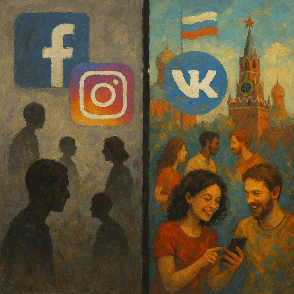 An expressive digital painting illustrating a split-screen scene: on one side, Western platforms like Facebook and Instagram with muted colors and disconnected user figures; on the other side, vibrant, bustling interactions on VKontakte and Telegram, symbolizing a shift towards local platforms. Incorporate subtle references to geopolitical elements, like a background with flags or iconic landmarks such as the Kremlin, without being overtly political.
