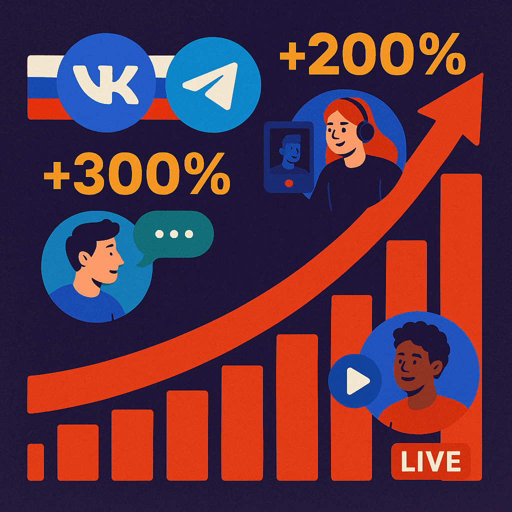 An infographic-style image showing the rapid rise of Russian platforms like VKontakte and Telegram. Depict a bar graph with a noticeable upward trend, combined with platform logos and avatars of diverse users connecting through chats, video calls, and live streams. Overlay data points indicating user growth statistics. Use a dynamic, energetic color scheme with strong contrast to highlight the growth.