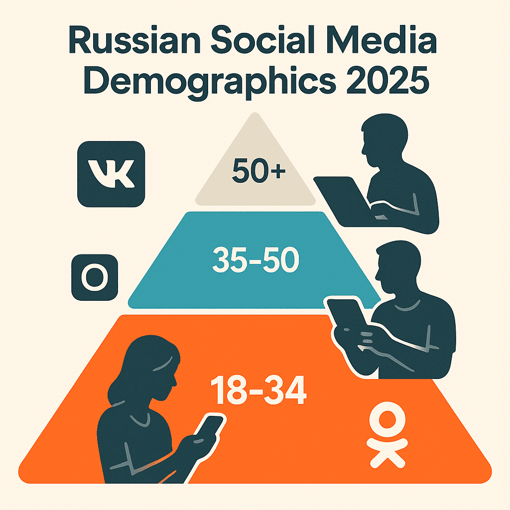 A detailed infographic or visual breakdown showing a stylized pyramid or pie chart representing Russian social media demographics in 2025. Highlight the 18–34 age group prominently (with bold, energetic colors), followed by 35–50 (more muted but still noticeable), and finally 50+ (subtle but clear). Include user silhouettes representing different age groups engaging with devices. Incorporate minimalist icons for platforms (VK, Instagram, Odnoklassniki) linked to each demographic.