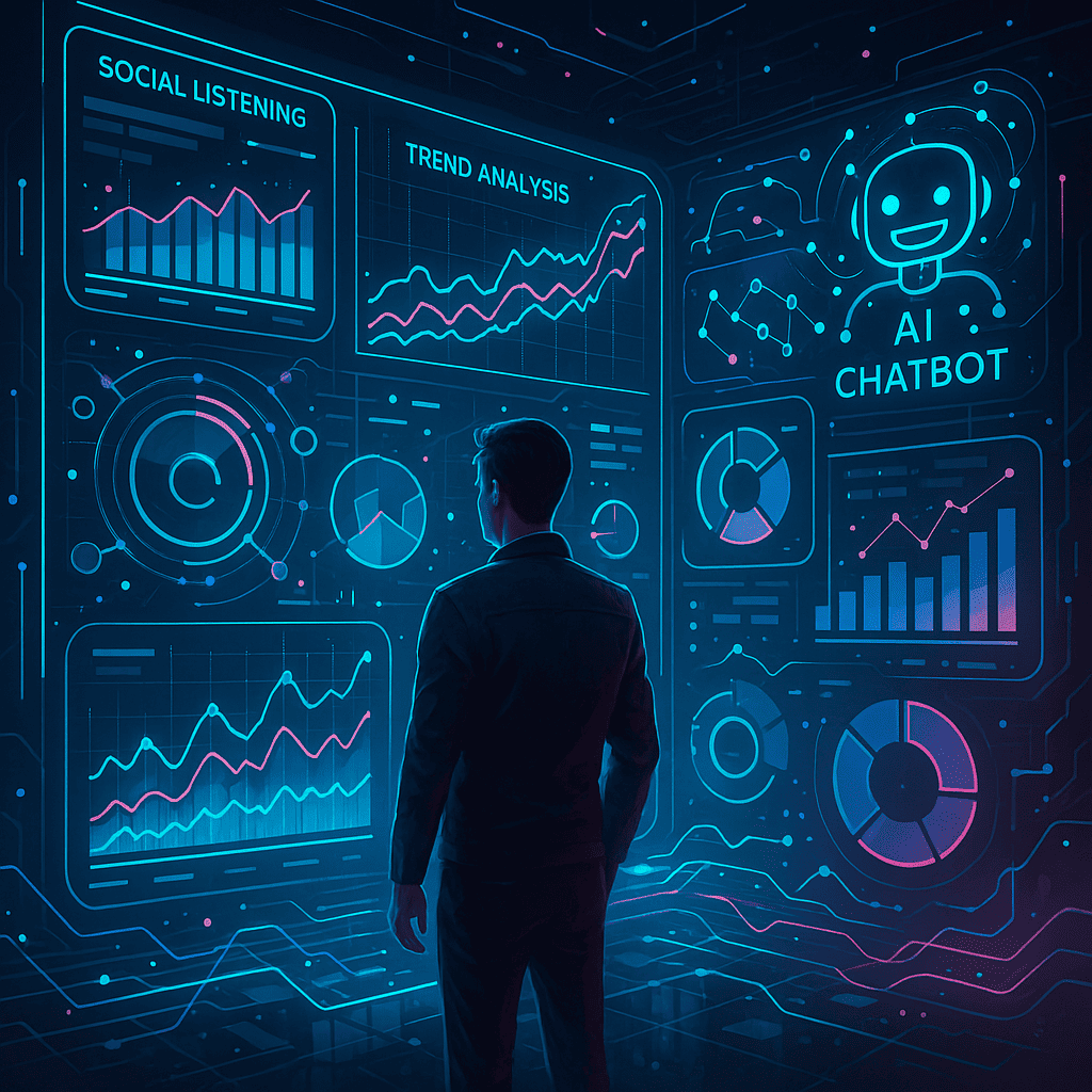 A futuristic concept art showing a digital marketer in front of a giant, AI-driven dashboard filled with data visualizations, trend graphs, and social listening metrics. The scene should feature sleek, high-tech design elements like glowing interfaces, holograms, and semi-transparent charts. Emphasize tools like predictive analytics and AI chatbots with stylized digital nodes and flowing data streams. Colors should include neon accents on dark backgrounds, evoking a cutting-edge tech environment.
