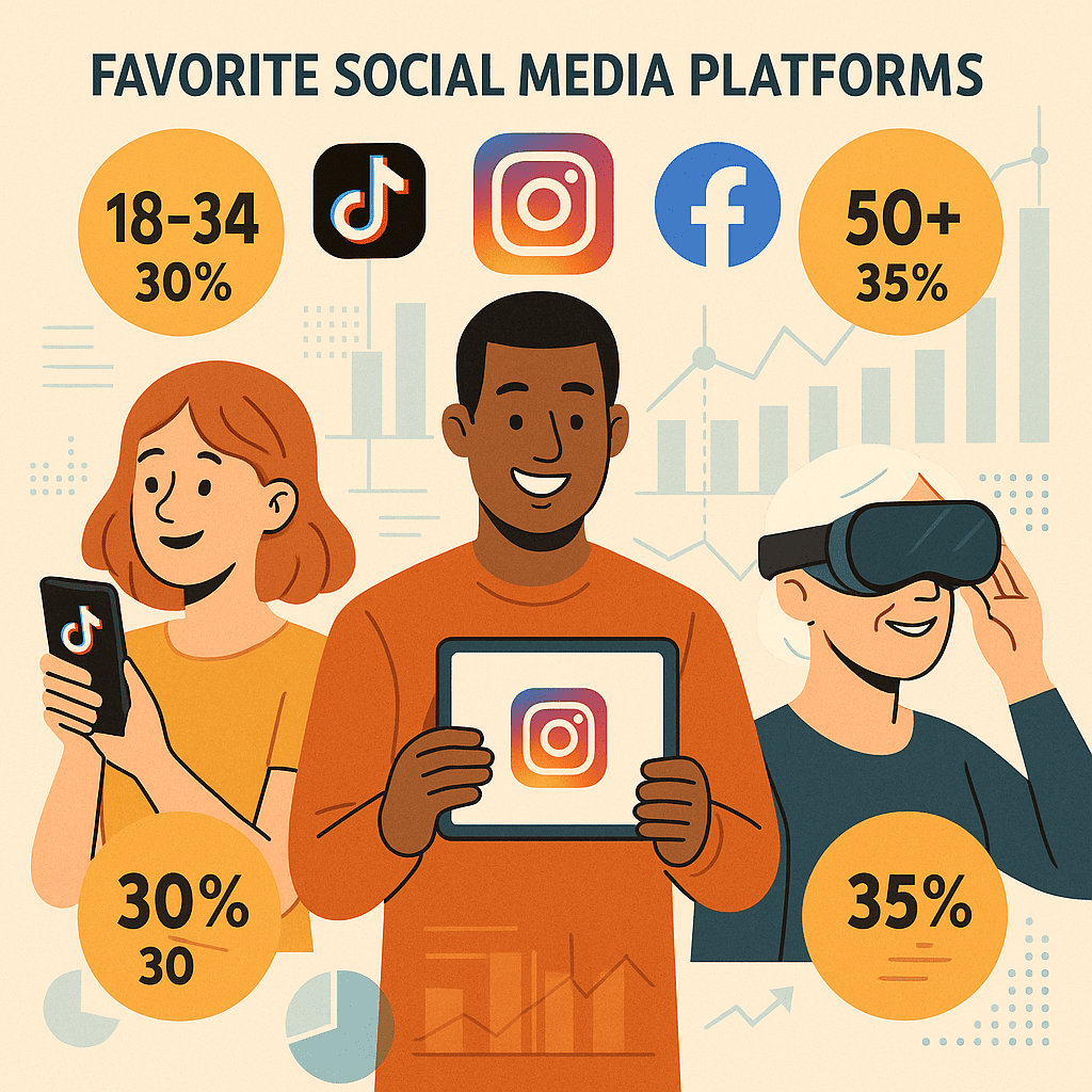 A detailed infographic-style illustration showing a diverse group of people representing various age groups (18–34, 35–49, 50+), interacting with different devices (smartphones, tablets, AR headsets). Each user is shown engaging with their favorite social media platforms (TikTok, Instagram, Facebook) in a dynamic, data-driven environment. Include demographic percentages as labels.