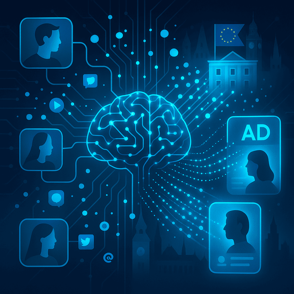 A conceptual image of an AI-driven advertising engine visualized as a neural network analyzing streams of social media data. Display precise ad targeting visuals, such as user personas connected by lines, data points flowing into ad placements, and holographic ads served to users. European elements (like architecture or flags) can be subtly included.