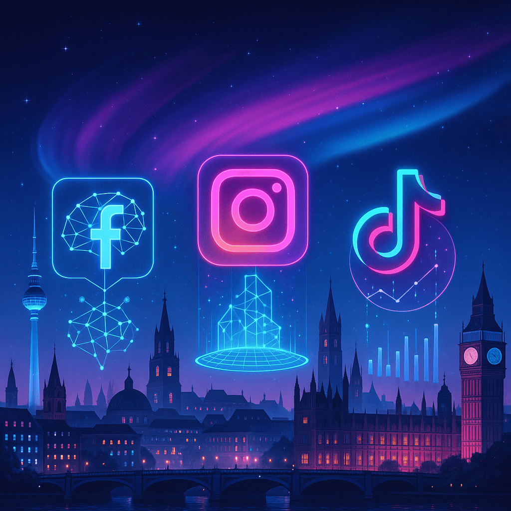 A panoramic digital artwork showcasing a futuristic European cityscape glowing with neon lights, symbolizing advanced digital connectivity. Floating above the city are stylized icons of popular social media platforms (Facebook, Instagram, TikTok), each integrated with elements representing AI, AR/VR, and data analytics (e.g., holographic projections, neural networks). In the sky, a vibrant digital aurora signifies the data flow and technological transformation of Europe’s social media landscape.