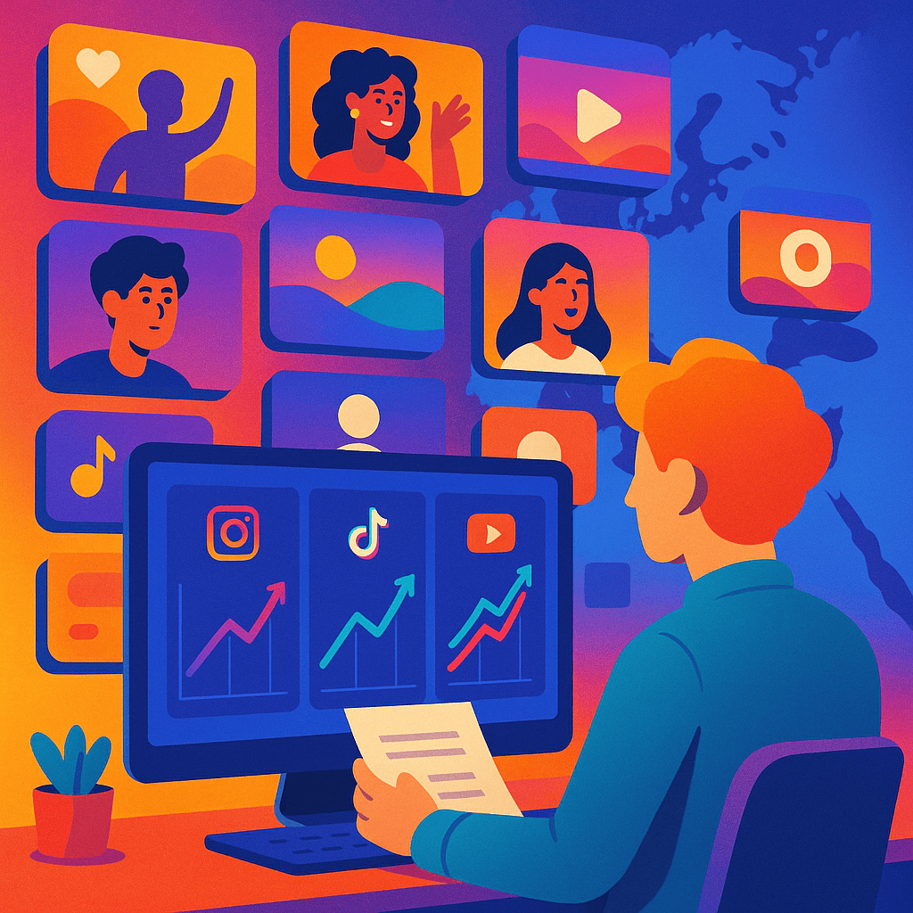 A vibrant, colorful scene depicting a digital marketer analyzing a dashboard with rising charts for Instagram, TikTok, and YouTube. Behind them, a wall of floating 3D screens plays short videos, reels, and stories, symbolizing the growing dominance of visual content in Europe’s social media landscape.