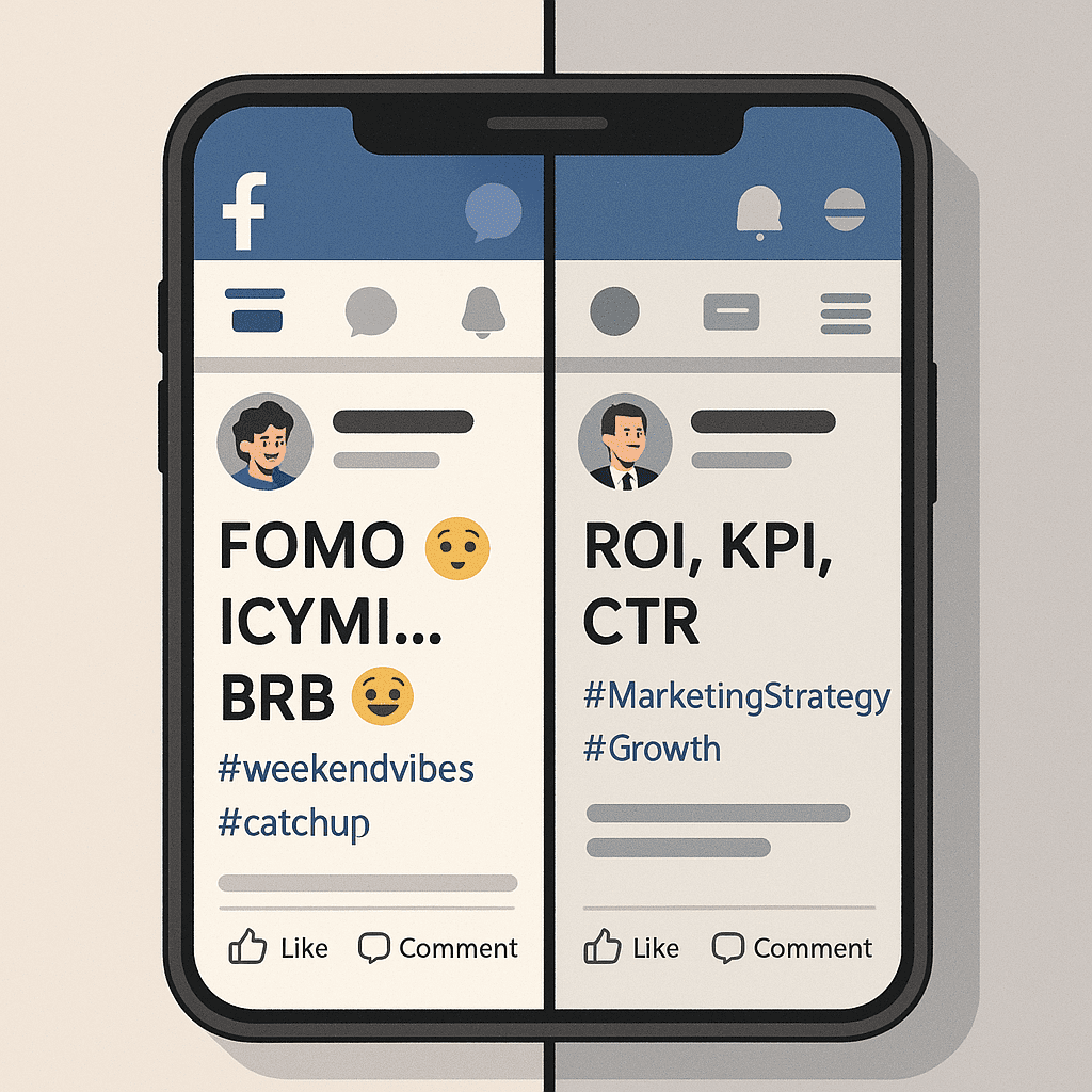 A split-screen digital illustration of a smartphone displaying two different social media posts. On one side, a Facebook post full of acronyms like FOMO, ICYMI, and BRB, with a casual tone. On the other side, a professional LinkedIn post using terms like ROI, KPI, and CTR. Each post should include avatars, hashtags, and platform-specific icons, highlighting the contrast in language.
