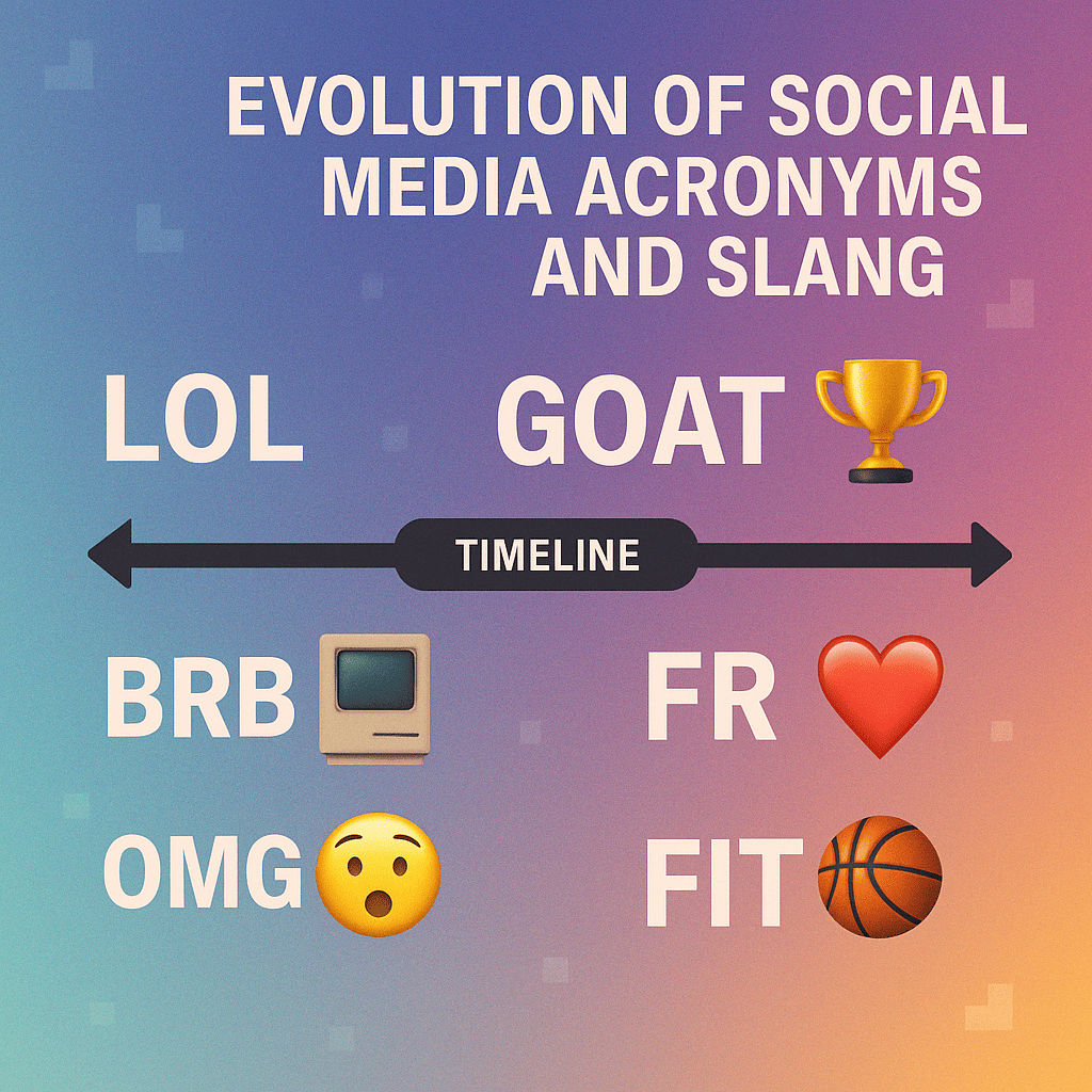 An educational carousel-style graphic with multiple panels. Each panel highlights one popular acronym (e.g., TBT, FOMO, YOLO) with a bold, playful font, a visual representation of the meaning (like a throwback image for TBT or a crowd at a concert for FOMO), and an example sentence. The background should use bright colors, layered with subtle patterns of chat icons or hashtags.