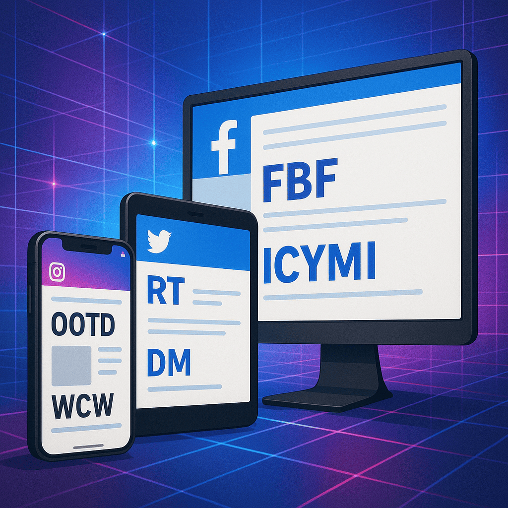 A dynamic collage of three social media platforms (Facebook, Twitter, Instagram) shown on separate devices (smartphone, tablet, desktop). Each screen displays a post using platform-specific acronyms (e.g., Facebook: FBF, ICYMI; Twitter: RT, DM; Instagram: OOTD, WCW). The background should blend seamlessly into a modern, abstract digital grid design.