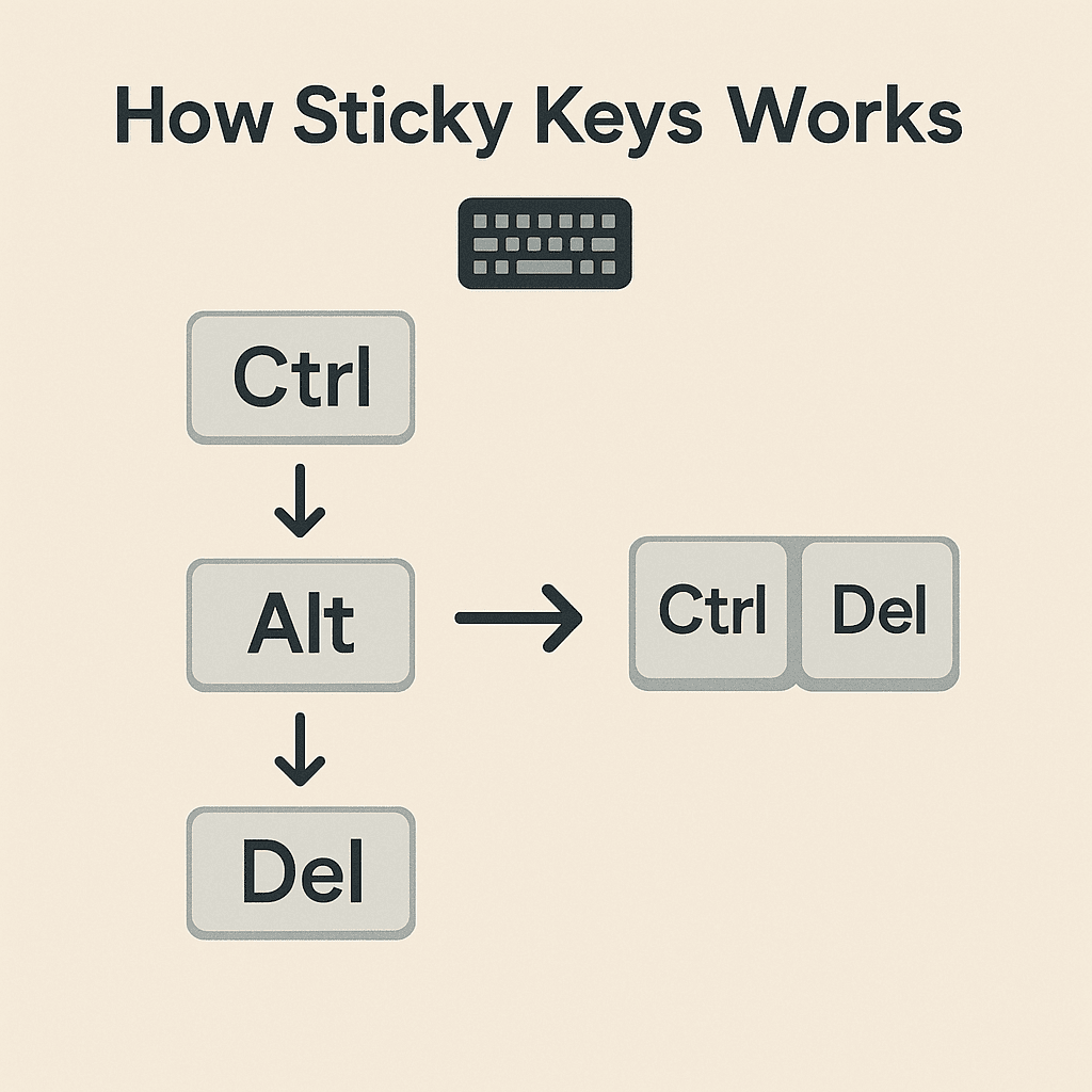 A conceptual image showing a frustrated user in a gaming setup with Sticky Keys notifications popping up unexpectedly. The user is wearing gaming headphones and looks annoyed, while the screen shows the Windows Sticky Keys pop-up. A second monitor shows the Ease of Access settings being adjusted to disable Sticky Keys.