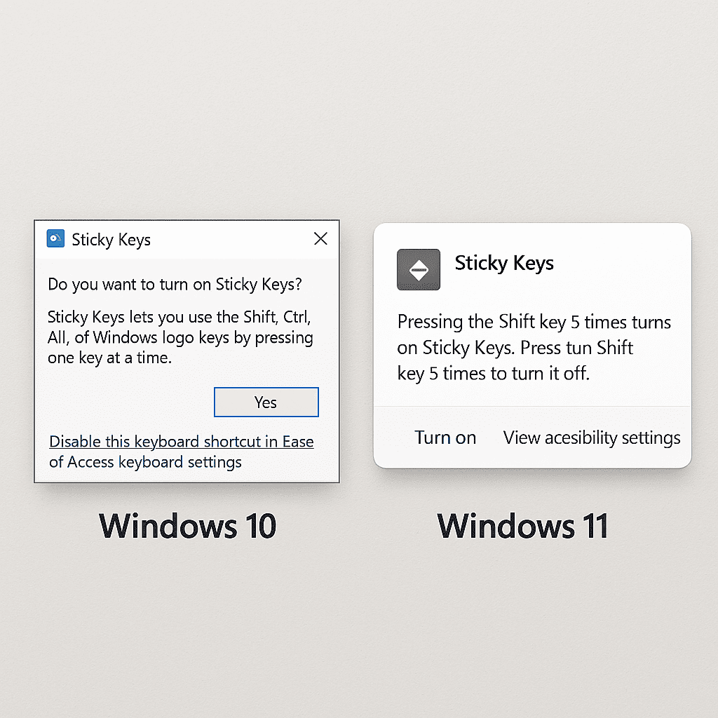 A conceptual image showing a frustrated user in a gaming setup with Sticky Keys notifications popping up unexpectedly. The user is wearing gaming headphones and looks annoyed, while the screen shows the Windows Sticky Keys pop-up. A second monitor shows the Ease of Access settings being adjusted to disable Sticky Keys.