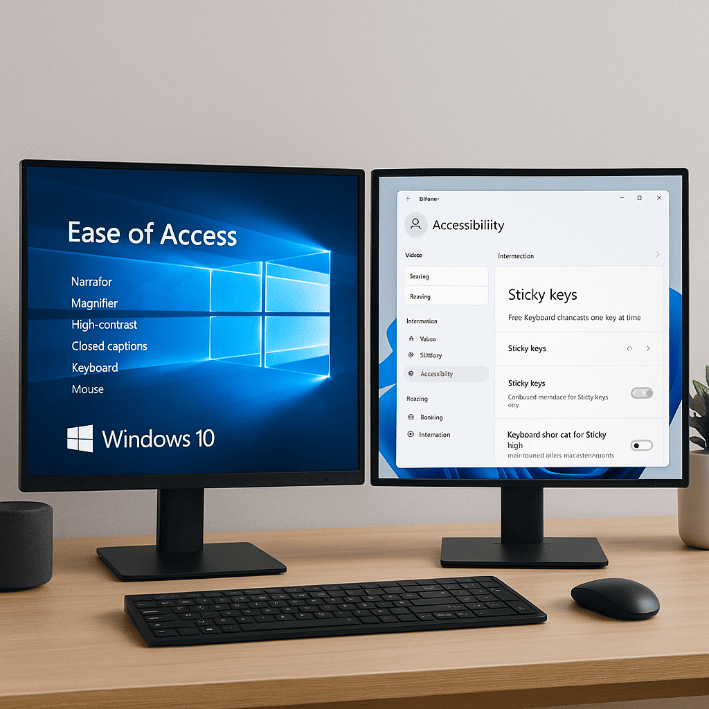 A side-by-side comparison of Sticky Keys pop-up notifications on Windows 10 and Windows 11. The Windows 10 version shows a classic dialog box with the option to disable Sticky Keys, while the Windows 11 version features a modern notification-style prompt. Both are set against a simple, clean background.