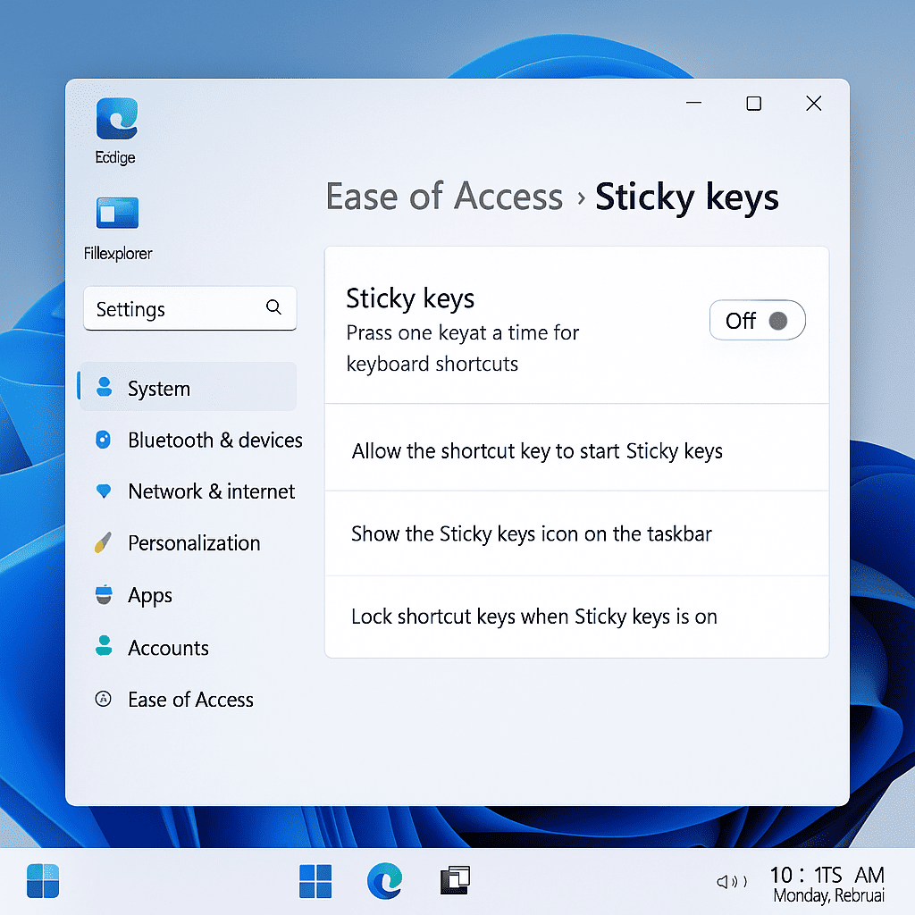 A clean Windows 11 desktop screenshot showing the Sticky Keys settings interface. The settings panel has a visible toggle switch labeled ‘Sticky Keys’ turned off, with additional options below unchecked. The screenshot highlights the ‘Ease of Access’ navigation path in the left sidebar.
