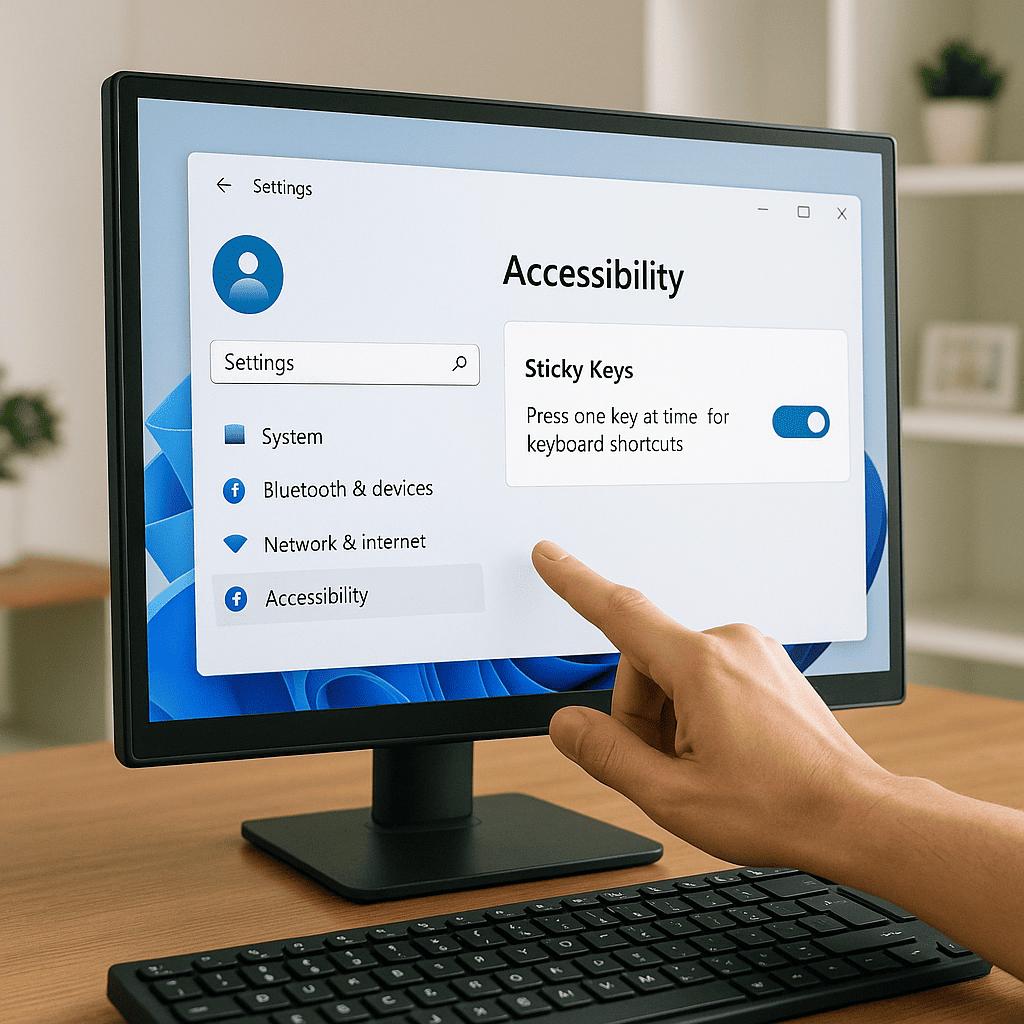 A computer screen showing a Windows 11 Settings interface, focused on the Accessibility section with the 'Sticky Keys' toggle button switched on. The background should depict a modern home office setup, with a keyboard on a wooden desk and a person’s hand about to press the 'Settings' icon on the screen. The atmosphere should be bright and user-friendly, emphasizing the idea of controlling accessibility features.