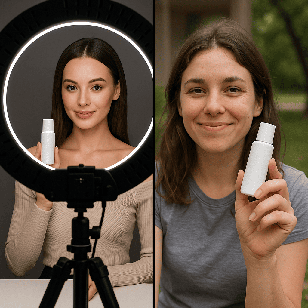 A dynamic split-screen image: On the left, a polished influencer photo featuring a professional studio setup with ring lights and a perfectly styled product shot. On the right, a UGC creator’s casual snapshot—holding the same product in natural surroundings, like a park or cozy home environment. The contrast highlights authenticity versus polish.