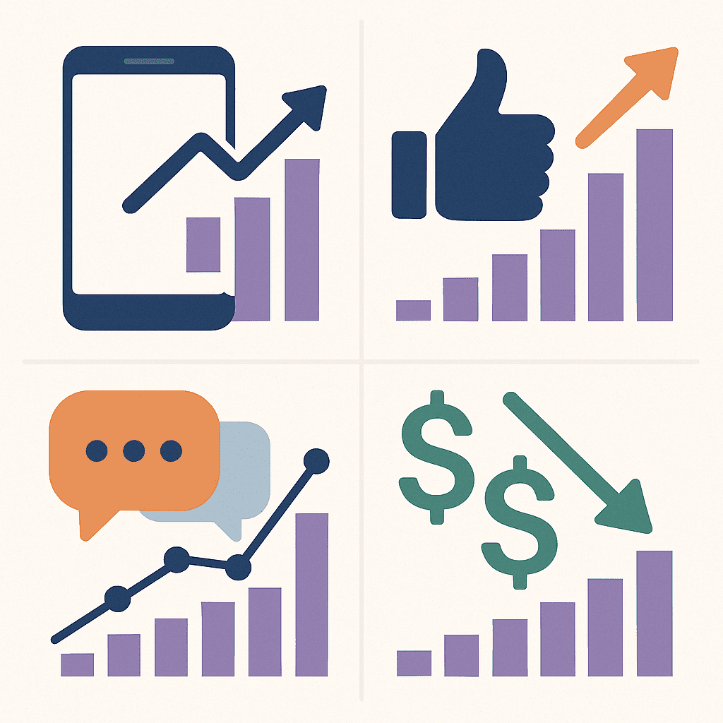 An abstract but clean infographic-style image showing icons and simplified charts representing high engagement metrics: likes, comments, shares, and cost savings. Include icons of a smartphone, thumbs-up, chat bubbles, and dollar signs. The design should convey the data-driven effectiveness of UGC campaigns without overwhelming text.
