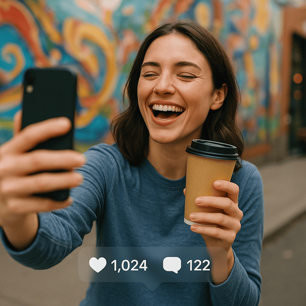 A vibrant and engaging image of a UGC creator (mid-20s, casual attire) taking a selfie video in a lively urban environment (like a street mural or cozy cafe). The creator is holding a branded product (e.g., coffee cup, skincare, or tech gadget) while laughing genuinely. The background is softly blurred to keep the focus on the creator and the product. Include a subtle overlay of social media icons (likes, comments, shares) to highlight engagement.