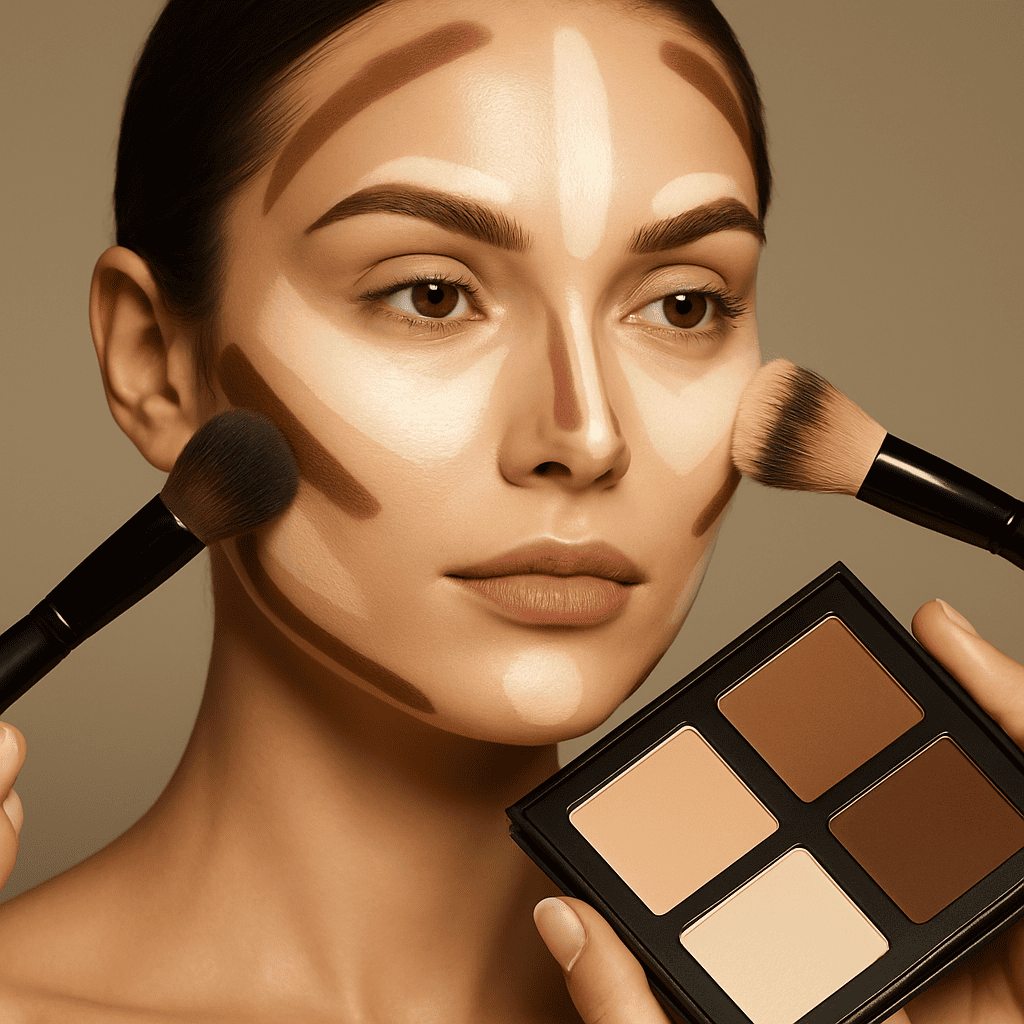 A high-contrast close-up of a model’s face showcasing the contouring and highlighting process. Use clear lines of dark contour and bright highlights, blended seamlessly. The model should be mid-application with contouring products, and the light should emphasize facial dimension. Include tools like contour brushes and a palette of shades.
