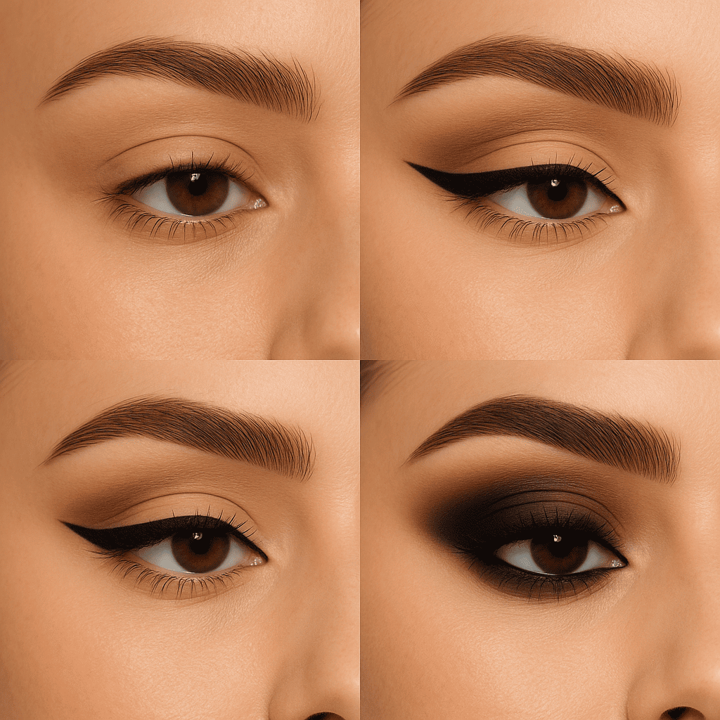 A split-screen or step-sequence image showing the evolution of eye makeup. Start with a basic nude eyeshadow and mascara, progress to defined eyeliner and contouring of the eye crease, and finish with a dramatic smoky eye or cut crease. The model’s eyes should be the focal point, with clear details of brushwork, blending, and colors used.
