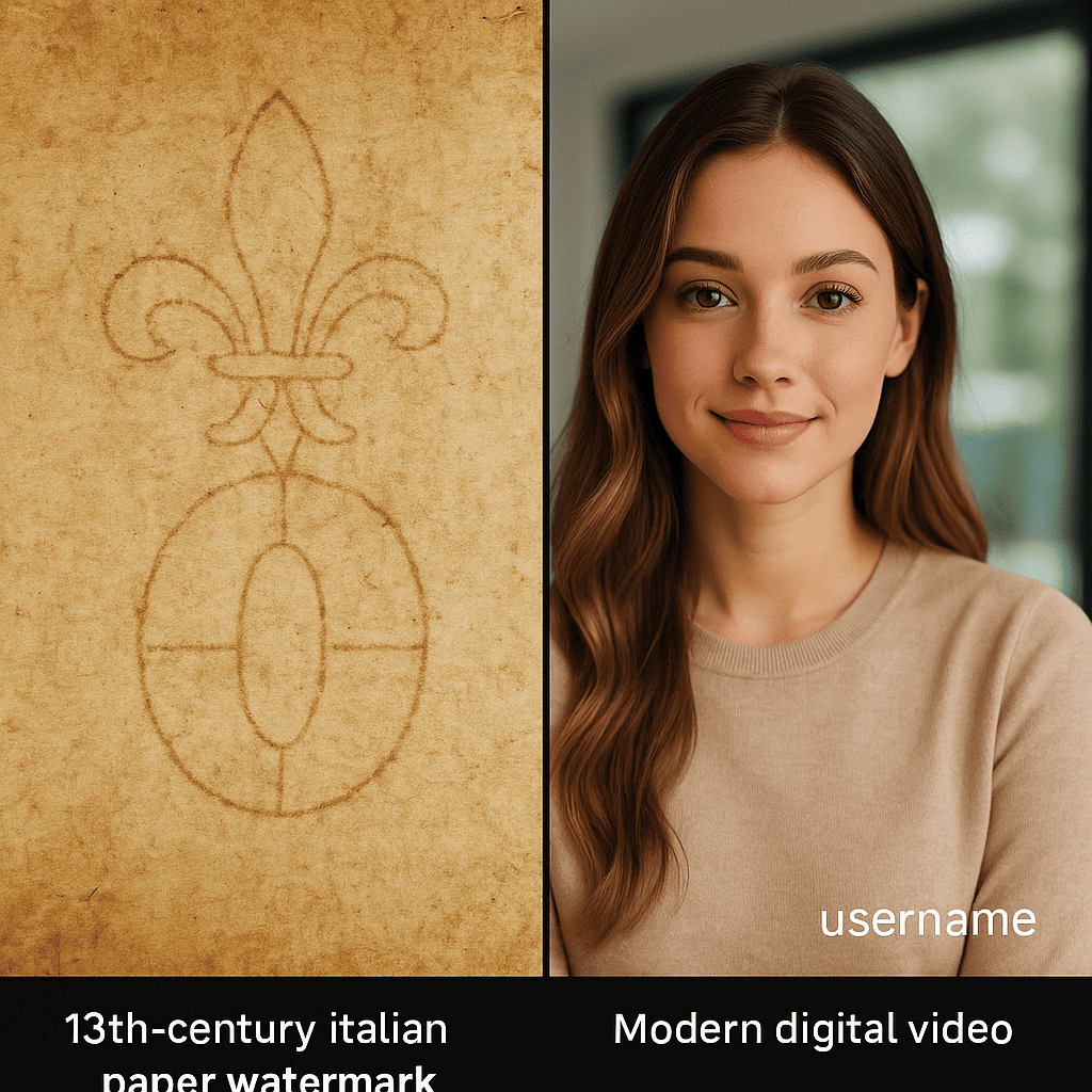 A split-screen image showing a 13th-century Italian paper watermark on one side (with an old, parchment-style texture and watermark design) and a modern digital video with an embedded watermark (on a sleek, high-definition social media video) on the other side. The image should emphasize the transformation from traditional to digital watermarking.