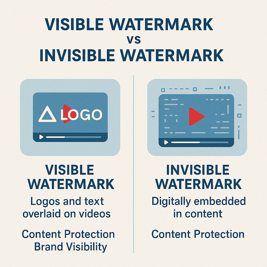 An infographic-style illustration contrasting visible watermarks (logos and text overlaid on videos) with invisible watermarks (represented by a high-tech, digital embedding process shown through subtle lines or code-like visuals). Include labels and simple explanations to show their differences and respective benefits for content protection and brand visibility.
