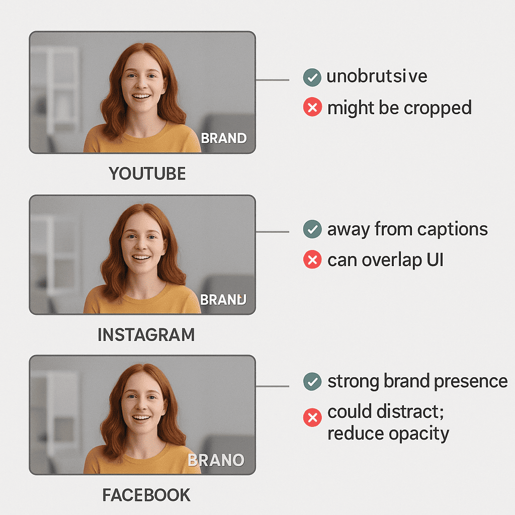 A step-by-step diagram showing different video frames (YouTube, Instagram, and Facebook) with the same video content but demonstrating optimal watermark placements: bottom-right, top-right, and center (with reduced opacity). Include subtle callouts highlighting each placement's pros and cons, ensuring clarity on how to maintain brand presence without distracting from content.