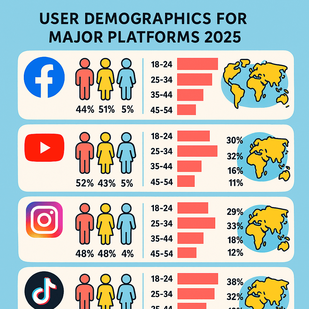 A vibrant infographic-style image showing user demographics for major platforms in 2025. Illustrate male/female/gender-diverse user ratios, age brackets (e.g., 18-24, 25-34, etc.), and geographic popularity. Use clean lines, modern flat design with vibrant color palettes (light blue, coral, yellow). Icons of each platform should be displayed next to their demographic visuals.