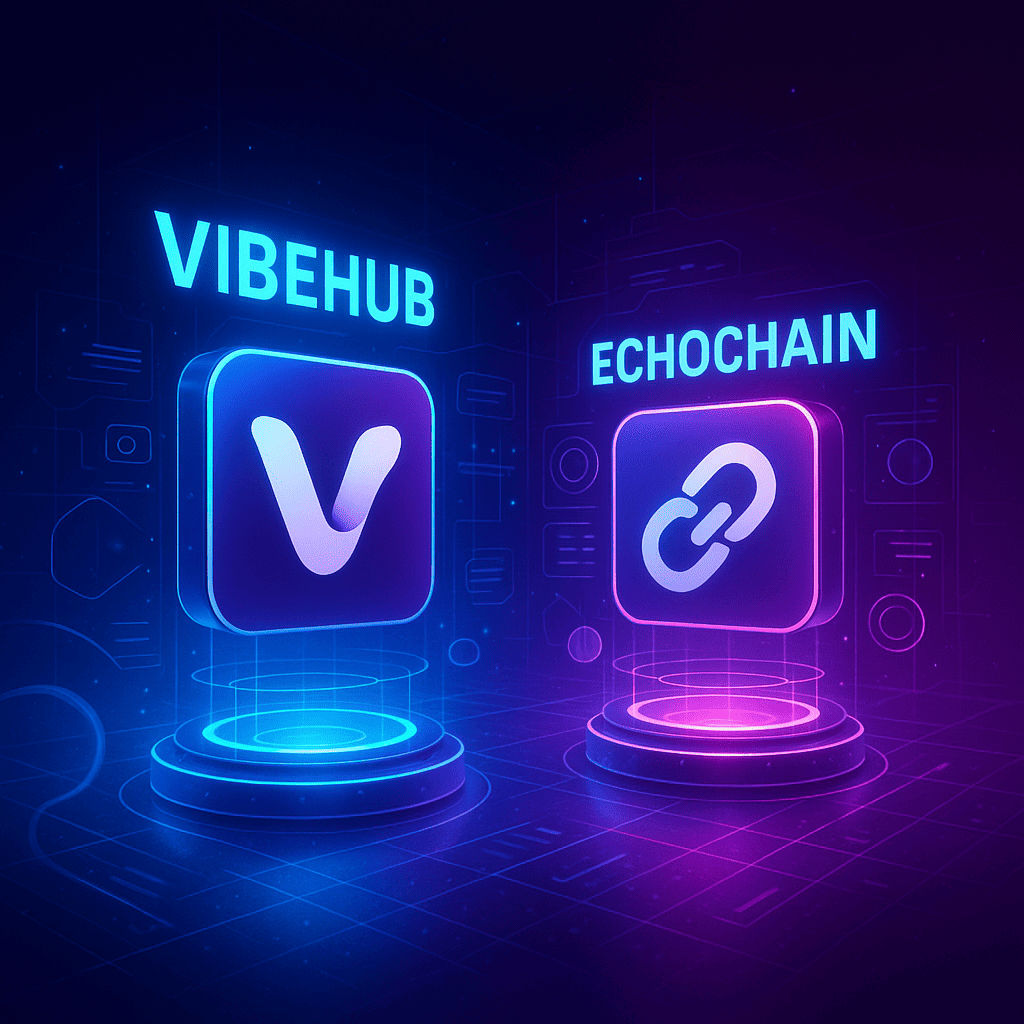 A futuristic scene depicting new, fictional platforms (e.g., “VibeHub” and “EchoChain”) represented as sleek, 3D floating icons within a digital landscape. Add neon lights, holographic user interfaces, and hints of VR or AR elements to depict these as cutting-edge and immersive experiences. Background should be a deep cosmic gradient (navy, violet, turquoise) suggesting innovation.