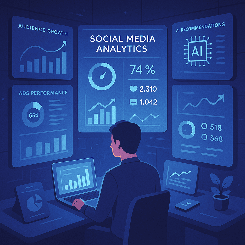 A detailed, isometric-style scene of a marketer's workspace, filled with multiple screens showing social media analytics dashboards, charts, and graphs. Include recognizable charts (e.g., engagement rates, audience growth), digital ad performance data, and AI-driven recommendation systems. The scene should look futuristic, with a subtle glow from the screens and a clean, tech-savvy vibe.