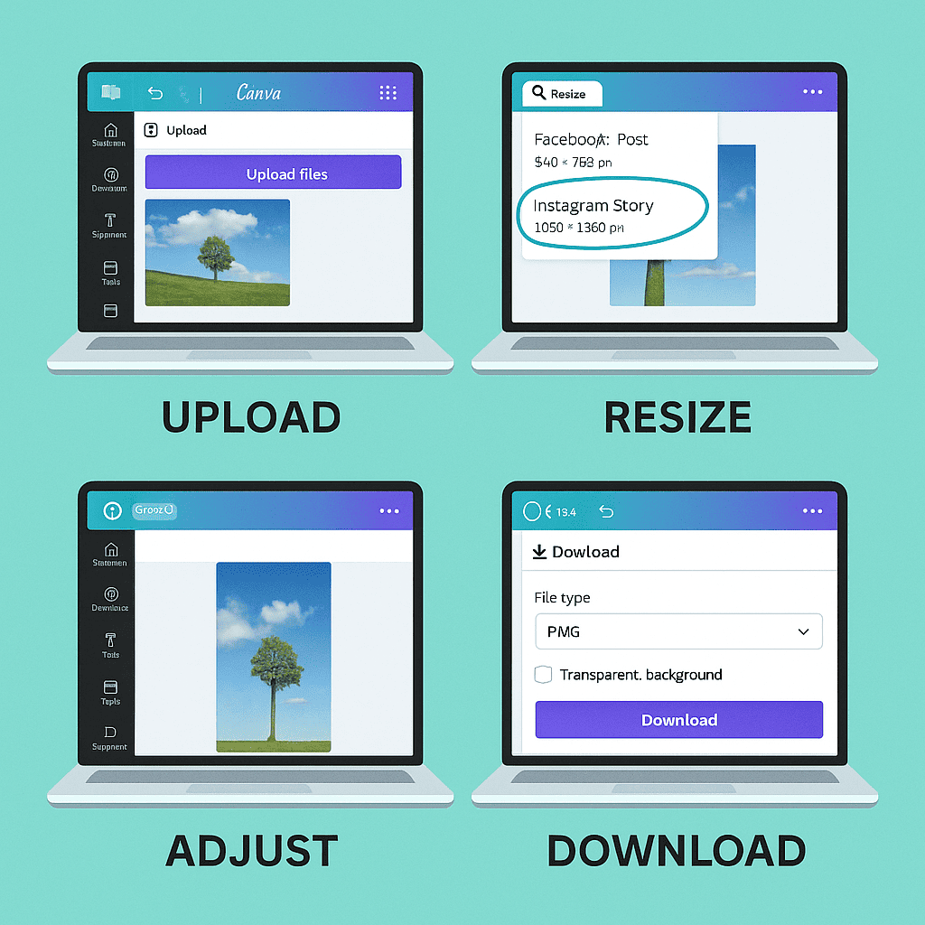 A step-by-step visual showing the process of resizing an image using Canva. The sequence starts with uploading an image, selecting pre-set social media dimensions (e.g., “Facebook Post”, “Instagram Story”), adjusting the image, and exporting it. Include Canva’s signature teal and white color palette, a clean laptop interface, and clear labels like “Upload”, “Resize”, “Download”.