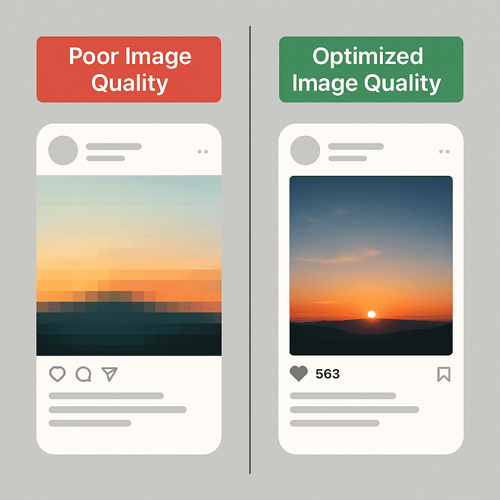 A split-image concept showing two versions of a social media post: one side is blurry, pixelated, and poorly sized (e.g., stretched and cropped), while the other side is sharp, clear, and perfectly sized. The background is neutral gray, with labels “Poor Image Quality” and “Optimized Image Quality” on each side. Use contrasting red and green to emphasize bad vs. good practices.