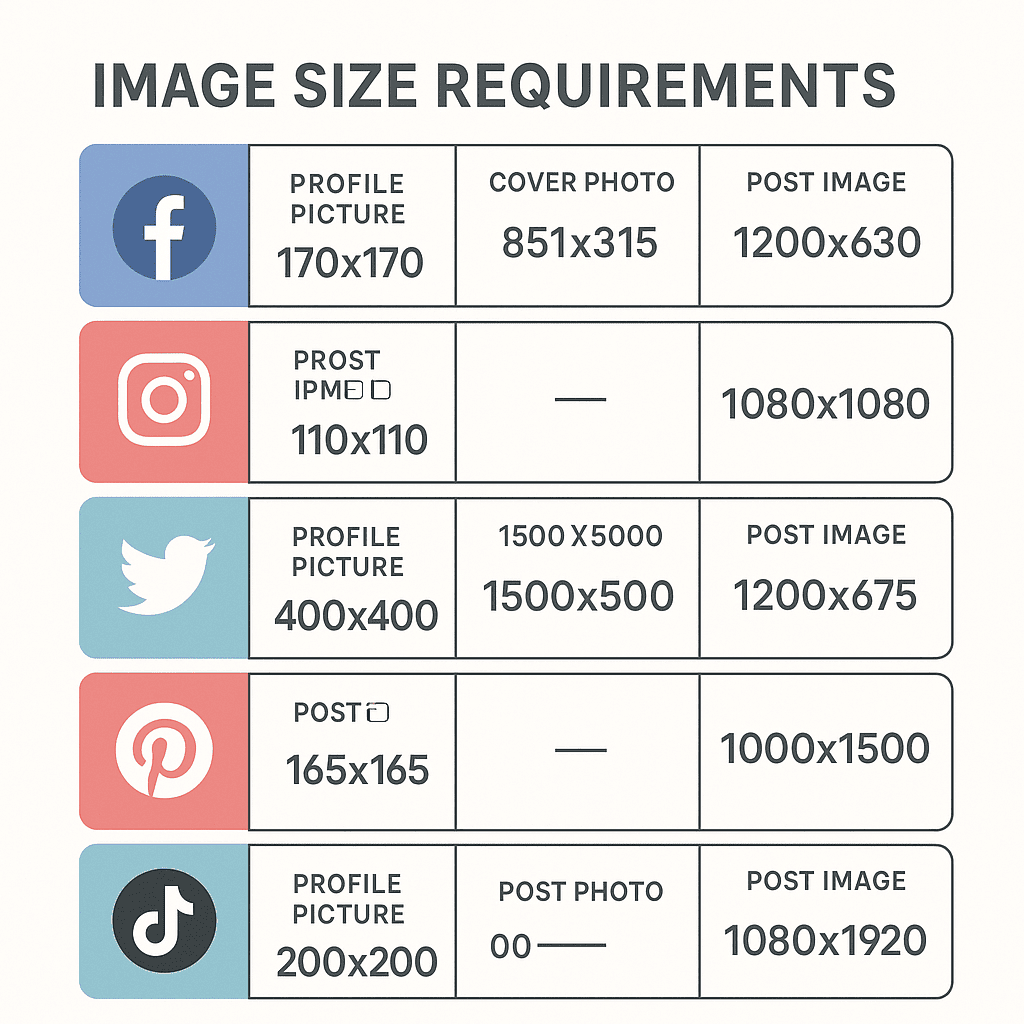 An infographic-style layout displaying a side-by-side comparison of image size requirements for Facebook, Instagram, Twitter, LinkedIn, Pinterest, and TikTok. Each platform has a distinctive icon, and next to each icon are three labeled image size boxes: profile picture, cover photo, and post image (with pixel dimensions like “1080x1080”, “1200x627”). The design is clean, with a white background, pastel accent colors, and clear typography.