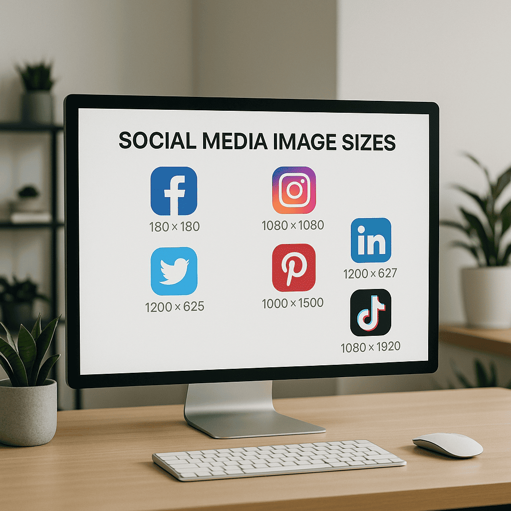A modern digital marketing workspace featuring a computer screen displaying a clean, professional infographic of social media platforms with their latest image size specifications. The background is a minimalist office with sleek decor, neutral tones, and plants. The computer screen shows icons of Facebook, Instagram, Twitter, LinkedIn, Pinterest, and TikTok arranged neatly, with labeled dimensions like “180x180”, “1080x1080”, “1200x627”. The overall style is crisp, tech-savvy, and engaging, evoking a sense of staying up-to-date with digital trends.