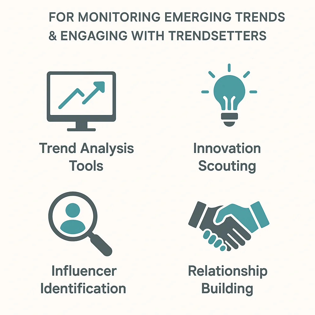 Infographic showing advanced strategies for monitoring emerging trends and engaging with trendsetters.