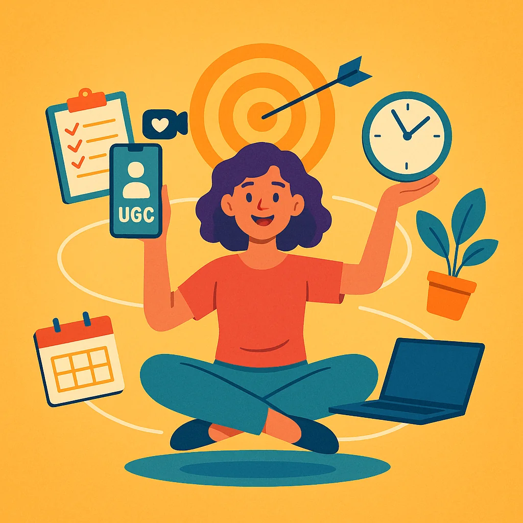 Illustration of a UGC creator balancing content creation with life responsibilities, emphasizing time management and work-life balance.