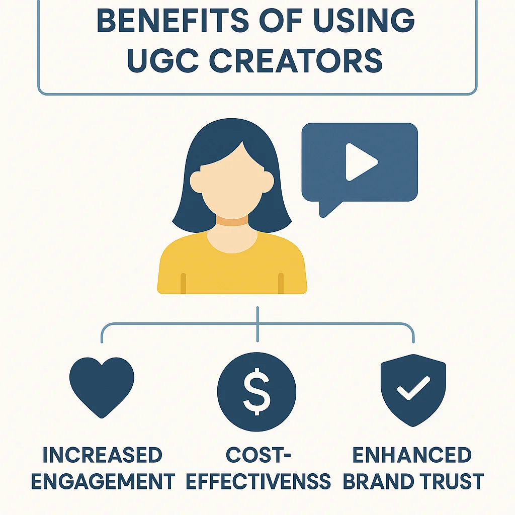 Infographic highlighting the benefits of using UGC creators, including increased engagement, cost-effectiveness, and enhanced brand trust.